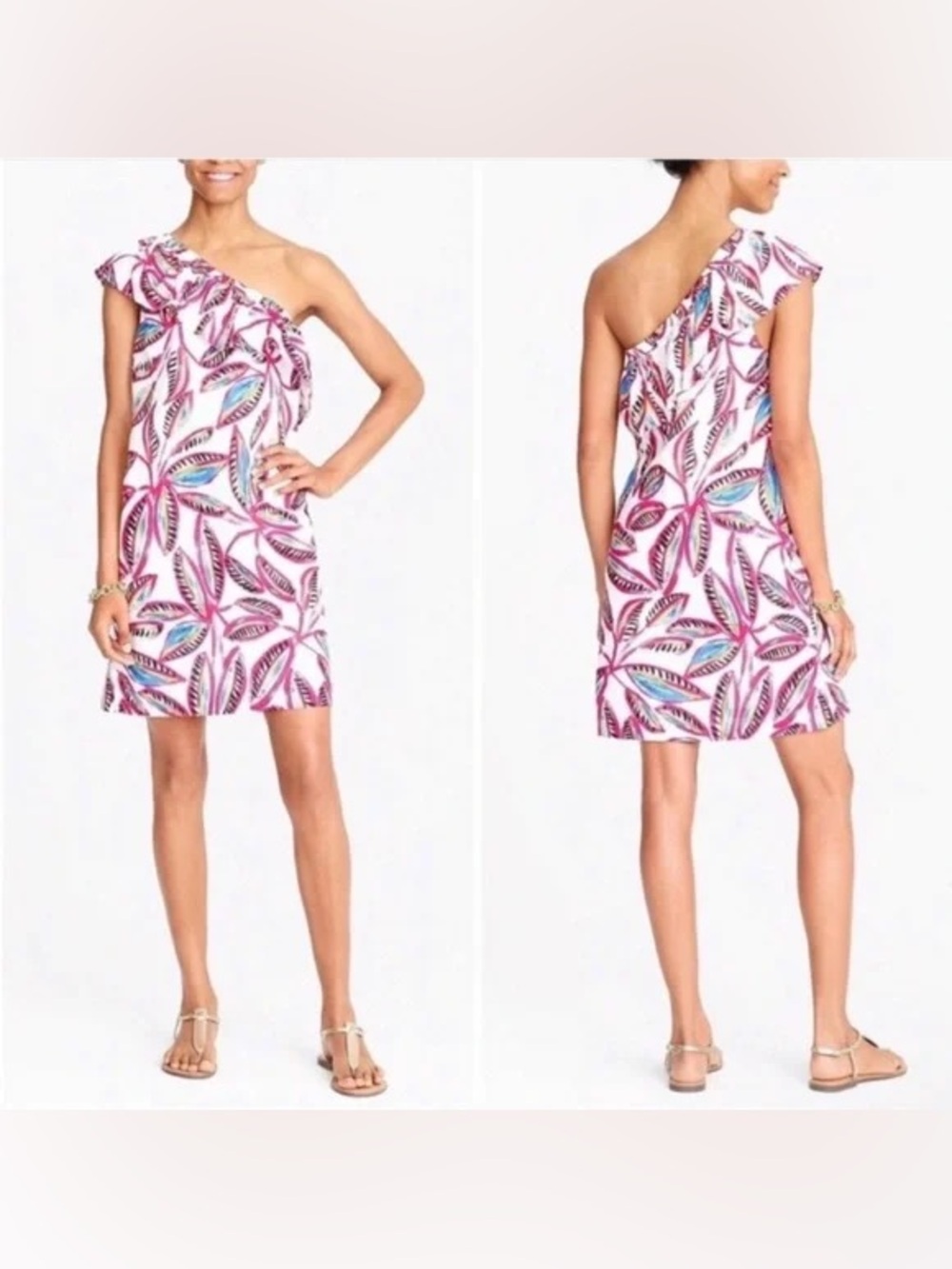 J. Crew One-Shoulder Leaf-Print Dress in Pink and Blue NWT